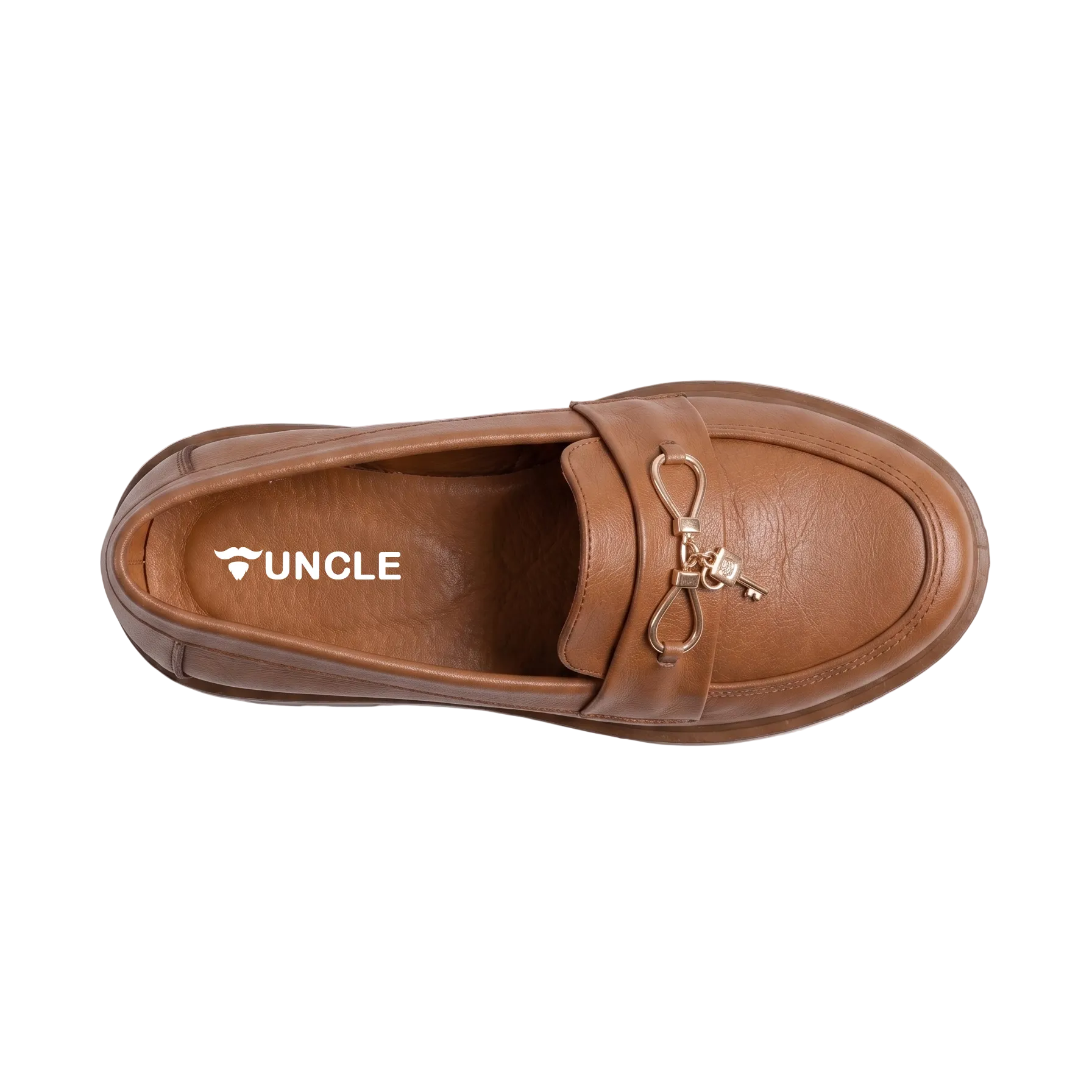Brown loafer shoe with 'UNCLE' branding on a white background