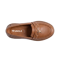 Brown loafer shoe with 'UNCLE' branding on a white background