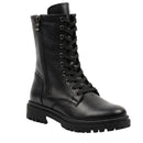 Black leather boot with laces on a white background