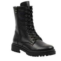 Black leather boot with laces on a white background
