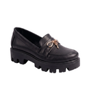 Black leather loafer with gold buckle on a white background