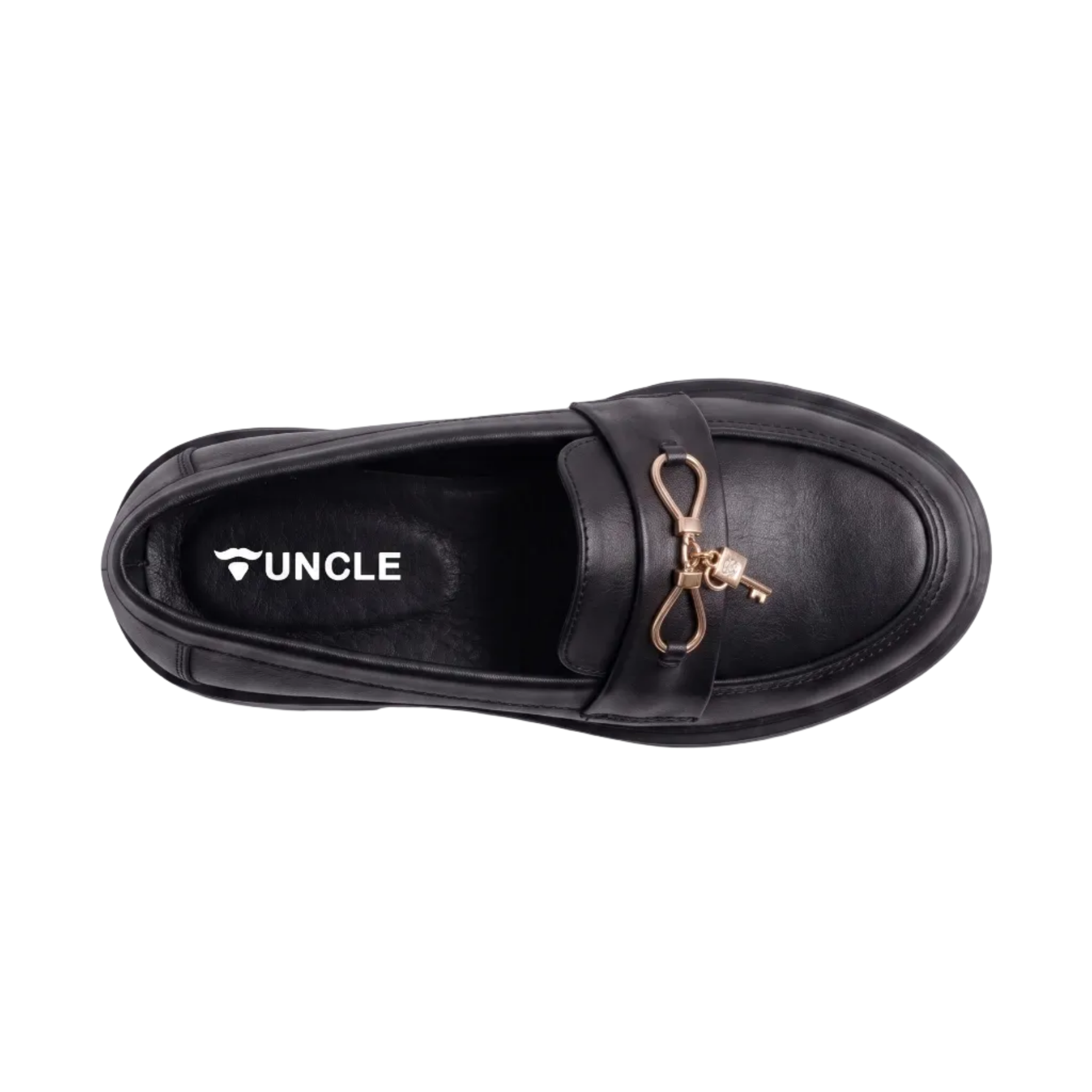 Black loafer shoe with a decorative key charm on a white background