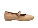A single tan leather Mary Jane flat shoe with a silver-tone buckle strap, shown in a side profile on a white background.