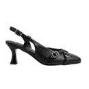 Black high-heeled shoe on a white background
