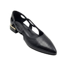 A single black leather pointed-toe flat shoe with cutout details on the sides and a low block heel, shown on a plain white background.