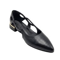 A single black leather pointed-toe flat shoe with cutout details on the sides and a low block heel, shown on a plain white background.