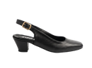 A single black leather slingback pump with a low block heel and a gold-tone buckle, shown in profile against a clean white background.