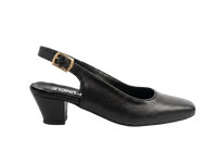 A single black leather slingback pump with a low block heel and a gold-tone buckle, shown in profile against a clean white background.