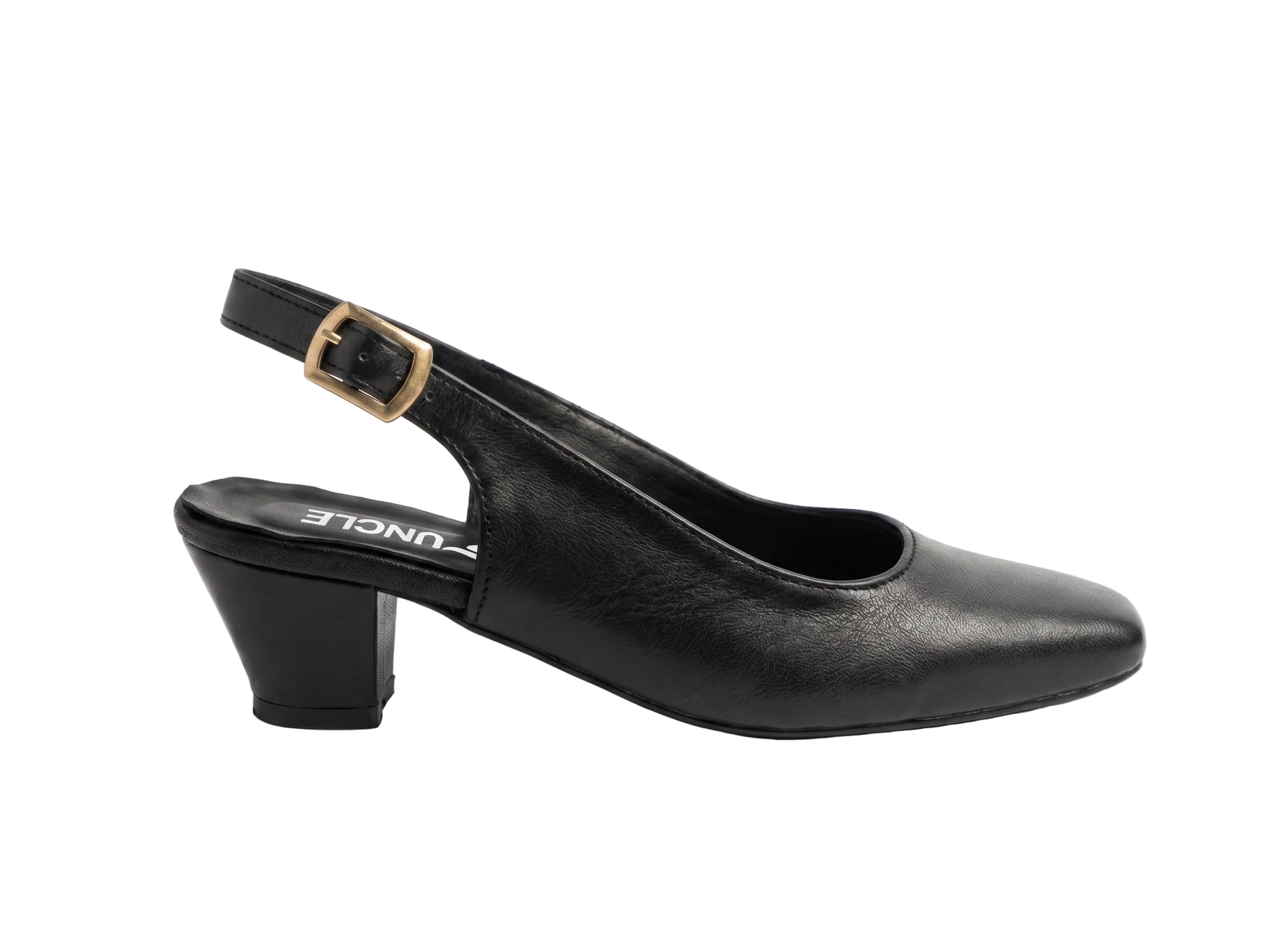 A single black leather slingback pump with a low block heel and a gold-tone buckle, shown in profile against a clean white background.