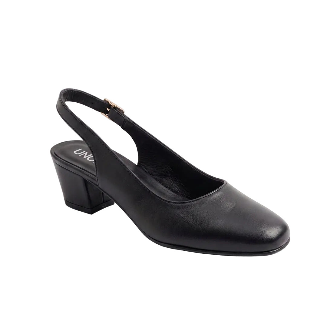 A single black leather slingback pump with a low block heel and a small gold buckle, shown from a side profile on a light gray background.