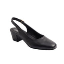 A single black leather slingback pump with a low block heel and a small gold buckle, shown from a side profile on a light gray background.
