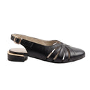 A single black leather slingback sandal with a low block heel, cutout straps across the toes, and an adjustable ankle strap with a gold-tone buckle, shown on a white background.