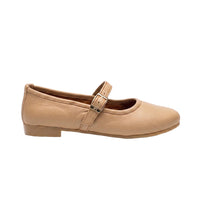A single tan leather Mary Jane shoe with a low block heel and a silver-tone buckle strap, shown in profile against a white background.