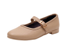 A single women's Mary Jane flat shoe in beige pebbled leather with a gold-tone buckle, shown from a side profile on a white background.