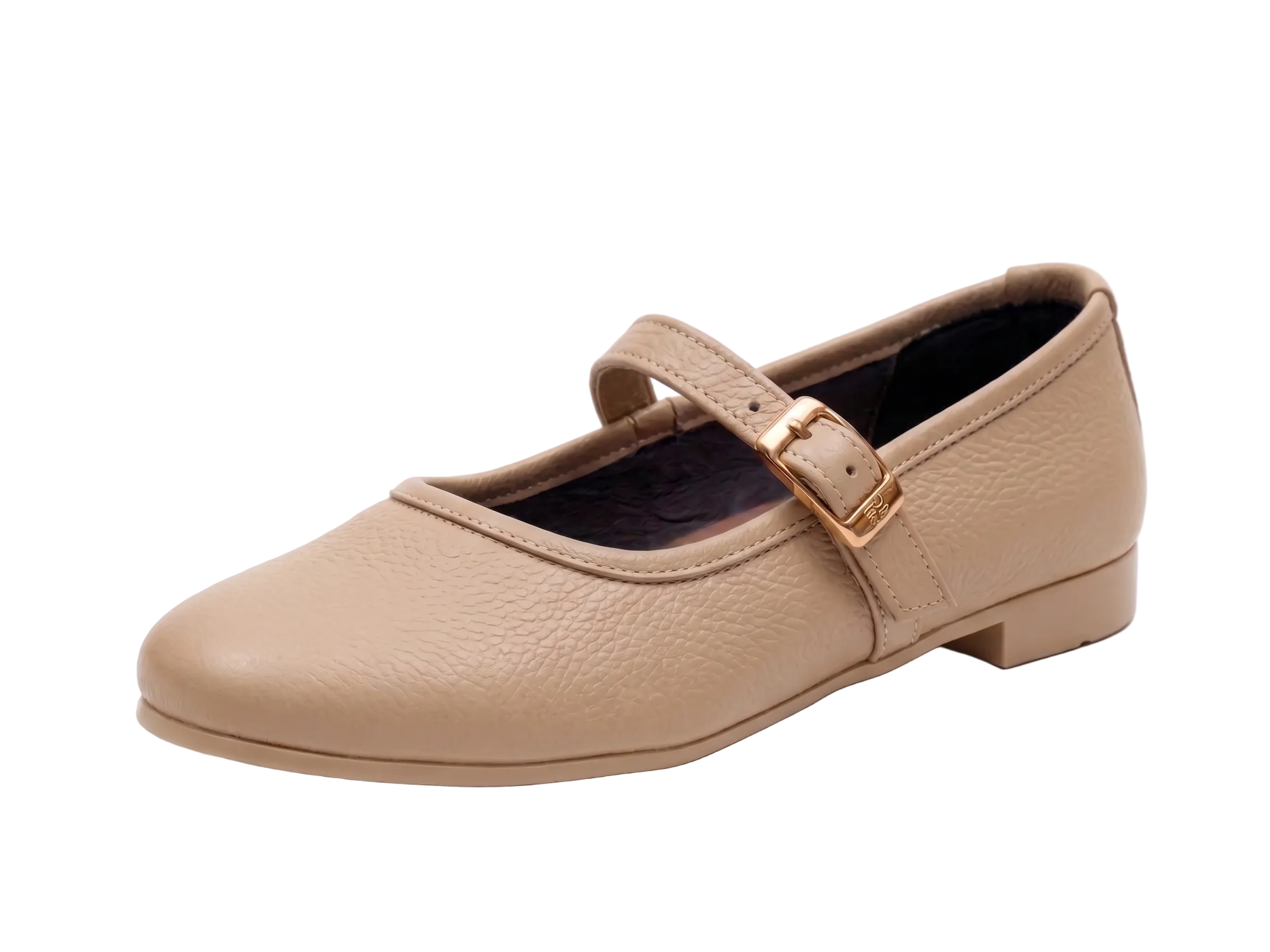 A single women's Mary Jane flat shoe in beige pebbled leather with a gold-tone buckle, shown from a side profile on a white background.