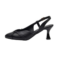 A single black leather slingback pump with a low kitten heel, side cutout, and a small gold-tone buckle on the ankle strap, shown against a plain white background.