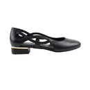 A black leather low-heel pump with crisscrossing straps across the instep and a block heel, shown in a side profile on a white background.