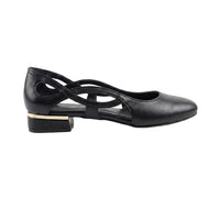 A black leather low-heel pump with crisscrossing straps across the instep and a block heel, shown in a side profile on a white background.