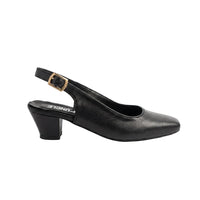 Navy blue high-heeled shoe on a white background