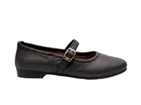A single black leather Mary Jane flat shoe with a gold-tone buckle strap, shown in profile against a plain white background.