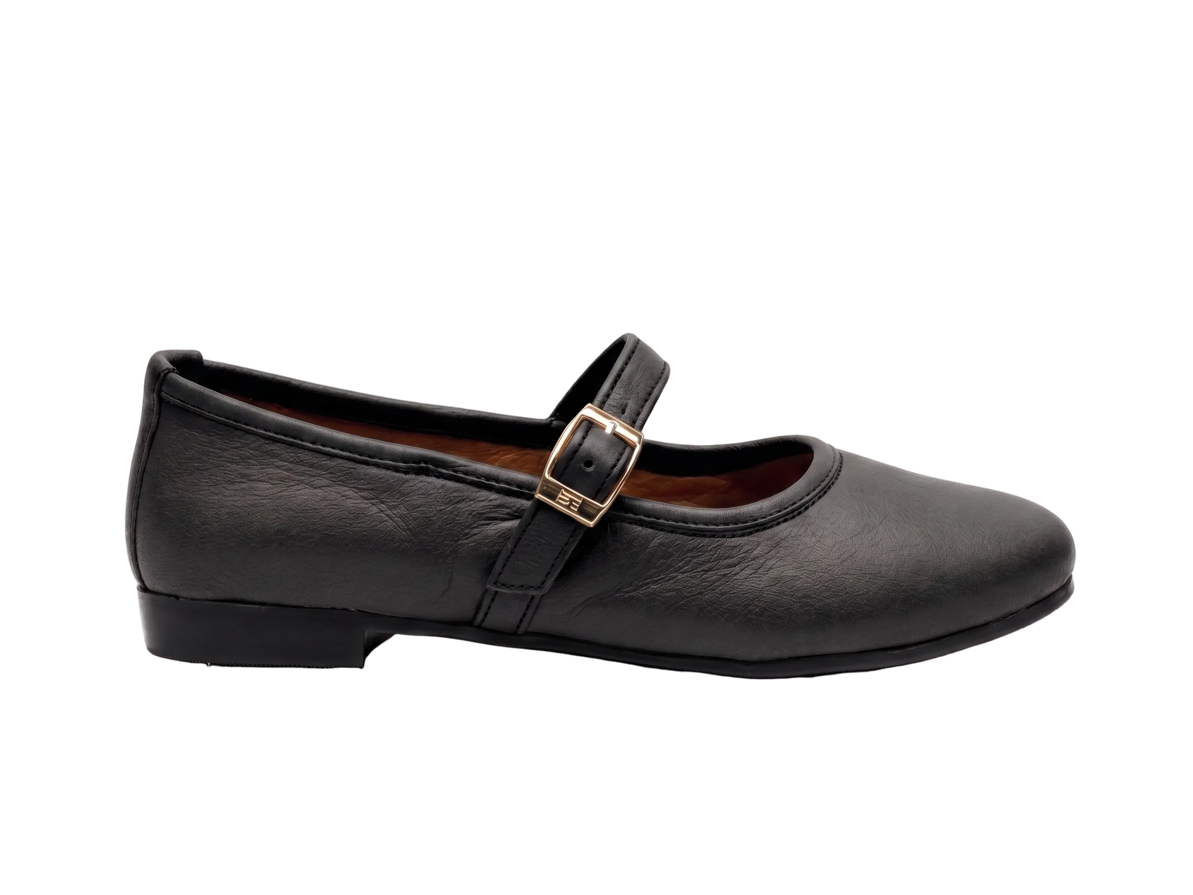 A single black leather Mary Jane flat shoe with a gold-tone buckle strap, shown in profile against a plain white background.