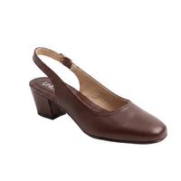 A dark brown leather slingback pump with a low block heel and square toe, shown from a side angle on a light gray background.