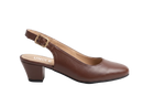 A brown leather slingback pump with a low block heel and a gold-tone buckle, shown from the side on a light gray background. The insole is tan with the brand name 'UNCLE' printed on it.