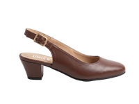 A brown leather slingback pump with a low block heel and a gold-tone buckle, shown from the side on a light gray background. The insole is tan with the brand name 'UNCLE' printed on it.