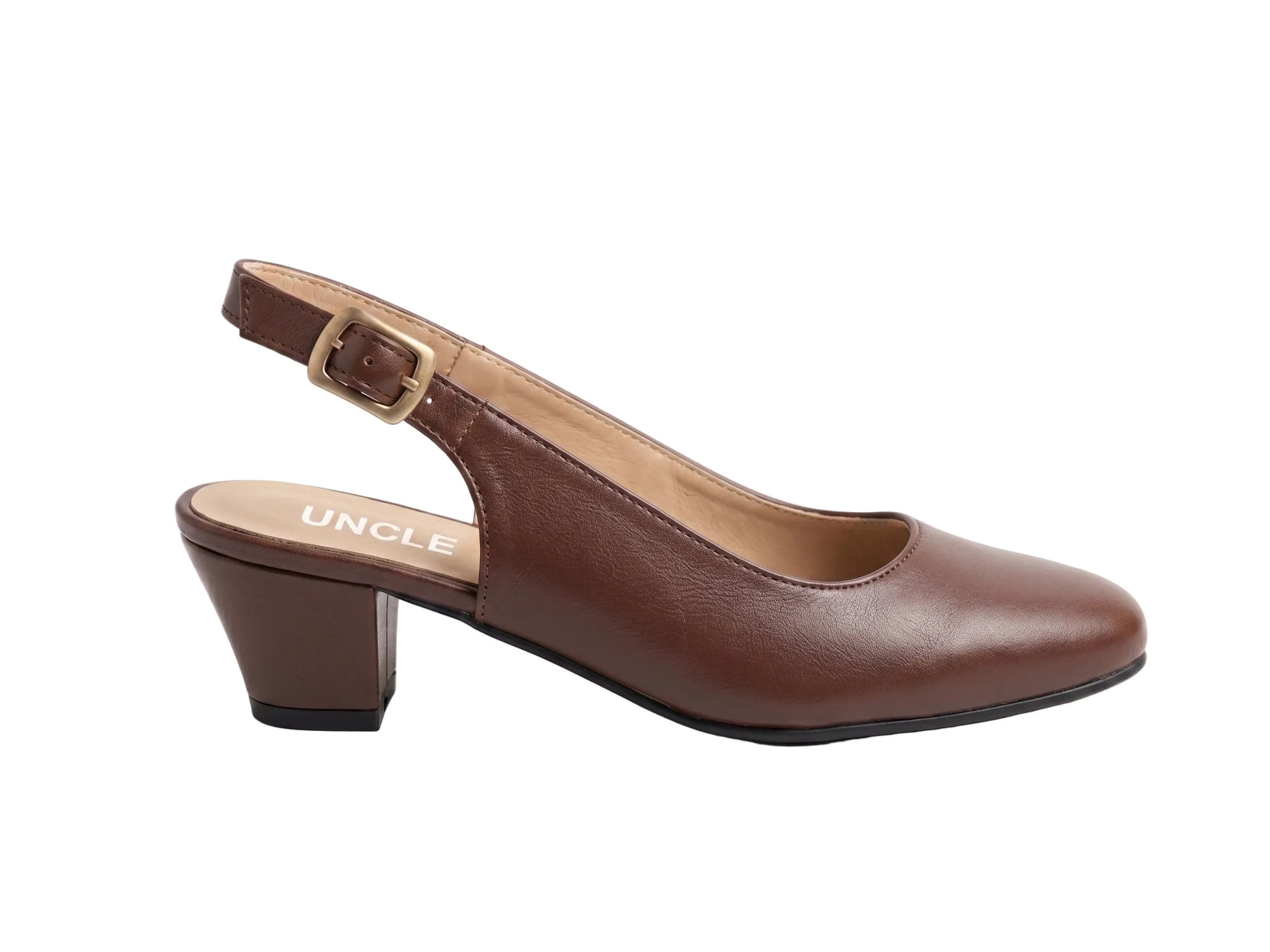 A brown leather slingback pump with a low block heel and a gold-tone buckle, shown from the side on a light gray background. The insole is tan with the brand name 'UNCLE' printed on it.