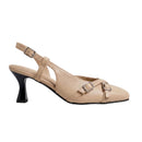 A single beige faux-leather slingback sandal with a black high heel and silver buckle details, shown against a plain white background.