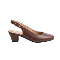 A single brown leather slingback pump with a low block heel and a gold buckle, shown from the side on a white background. The brand name 'UNCLE' is printed on the insole.