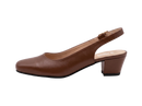 A single brown leather slingback pump with a low block heel, shown in profile against a clean white studio background. The brand name 'UNCLE' is printed on the insole.