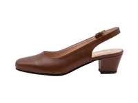 A single brown leather slingback pump with a low block heel, shown in profile against a clean white studio background. The brand name 'UNCLE' is printed on the insole.