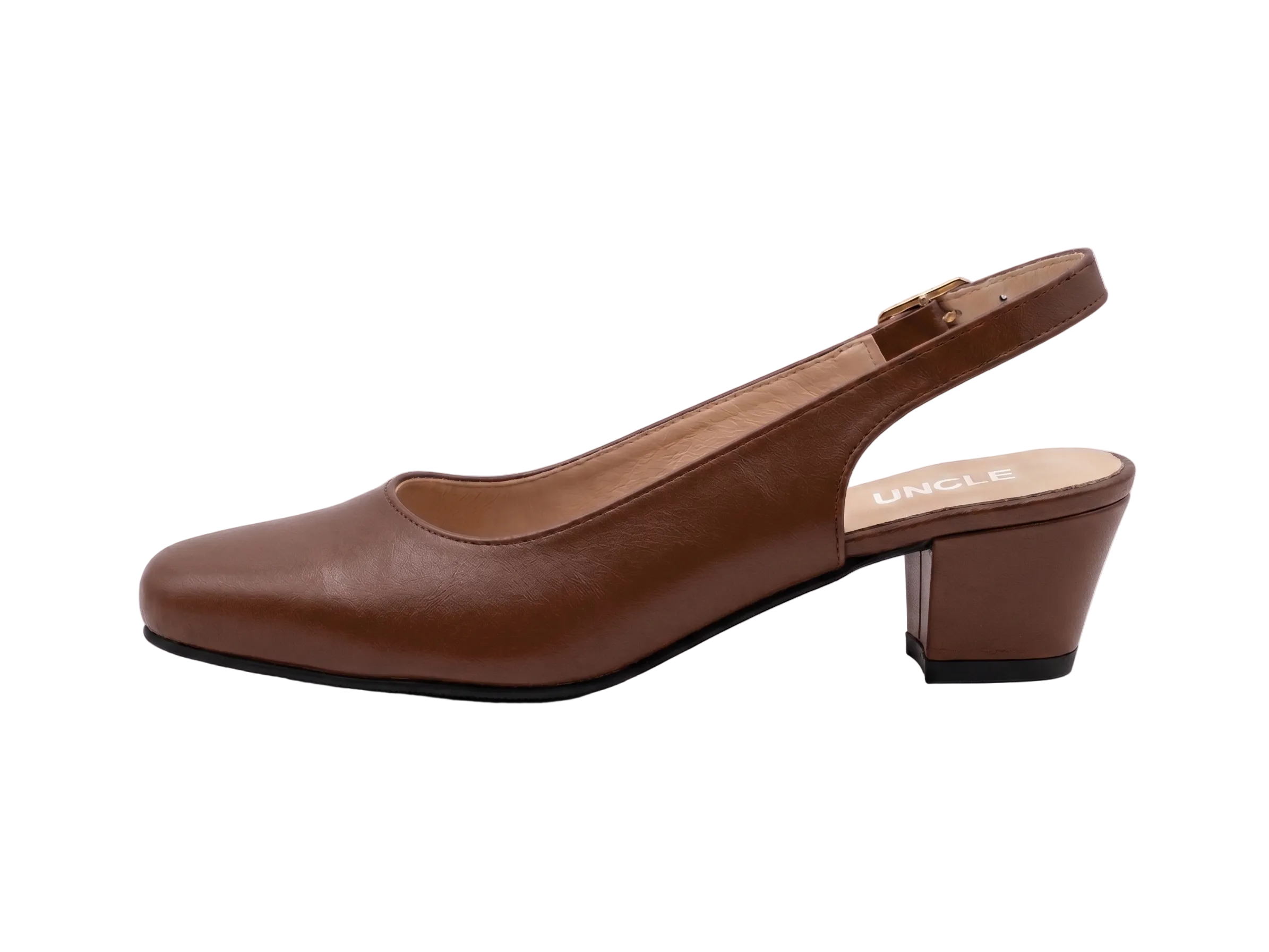 A single brown leather slingback pump with a low block heel, shown in profile against a clean white studio background. The brand name 'UNCLE' is printed on the insole.