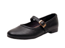 A black leather Mary Jane flat shoe with a gold-tone buckle, shown from a three-quarters angle on a white background.