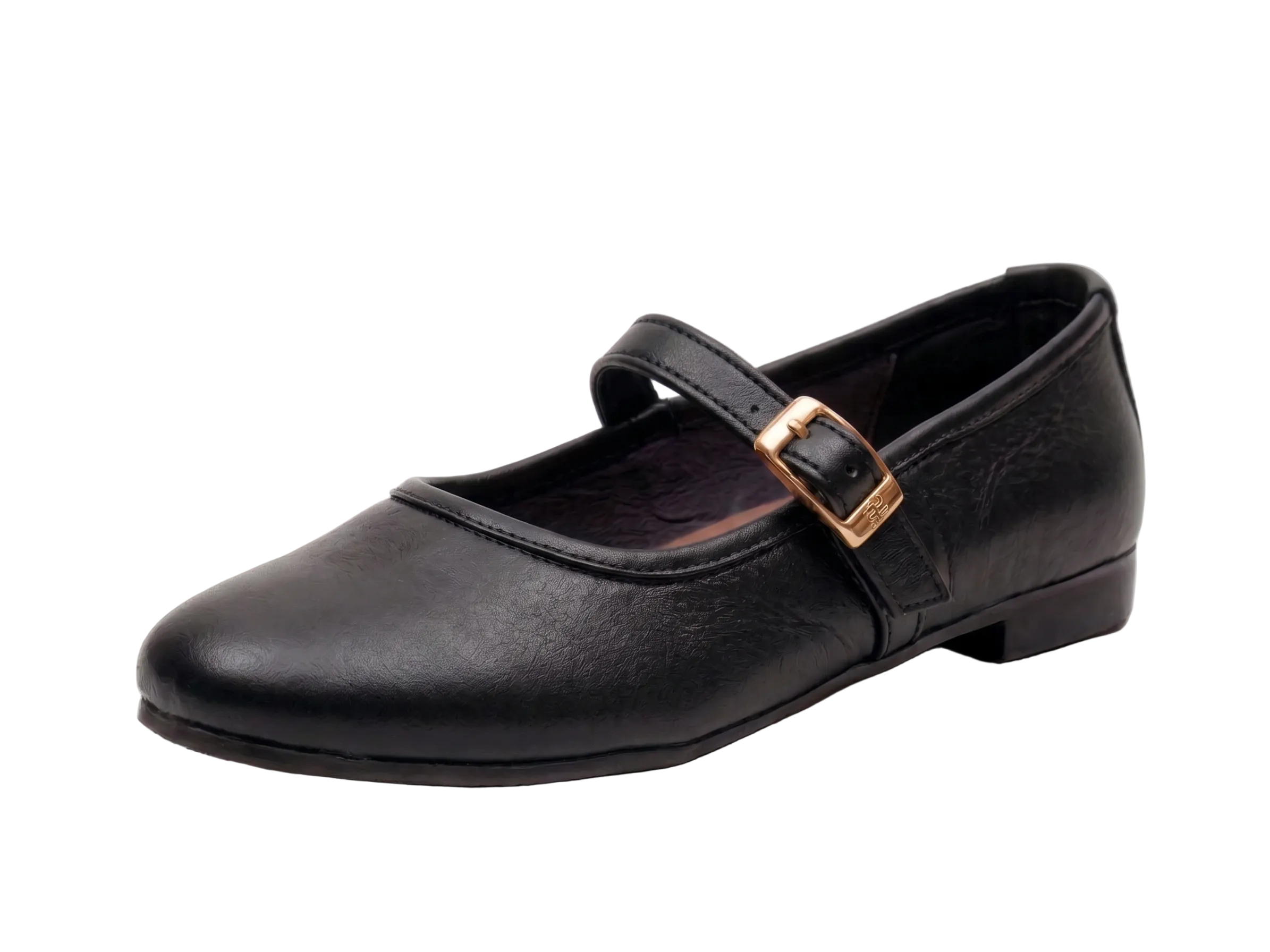 A black leather Mary Jane flat shoe with a gold-tone buckle, shown from a three-quarters angle on a white background.