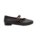 A single black leather Mary Jane flat shoe with a low block heel and a gold-tone buckle, shown in profile against a white background.