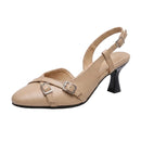 A single beige faux-leather slingback sandal with a chunky black heel and double buckle straps across the instep, shown on a white background.