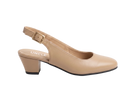 A single beige slingback pump with a low block heel and a gold-tone buckle, shown from the side on a light gray background. The brand name 'UNCLE' is printed on the insole.