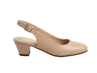 A single beige slingback pump with a low block heel and a gold-tone buckle, shown from the side on a light gray background. The brand name 'UNCLE' is printed on the insole.