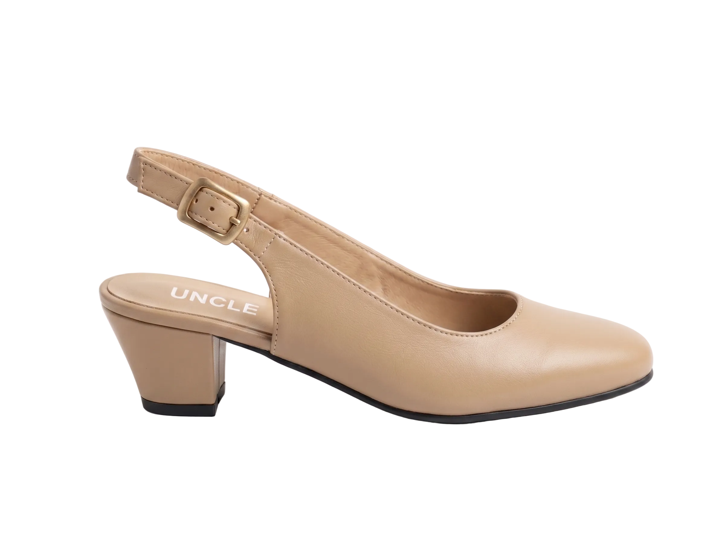 A single beige slingback pump with a low block heel and a gold-tone buckle, shown from the side on a light gray background. The brand name 'UNCLE' is printed on the insole.