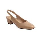 A single beige leather slingback pump with a low block heel and square toe, photographed on a light gray background.