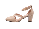 A single beige leather block-heel sandal with an ankle strap and crisscross front straps, shown in a side profile on a white background.