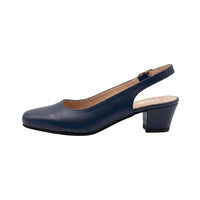 A navy blue leather slingback pump with a low block heel and a gold buckle, shown from a side profile on a light gray background.