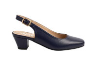 A single navy blue leather slingback pump with a low block heel and a gold buckle, shown in profile on a white marble background. The brand name 'UNCLE' is printed on the insole.