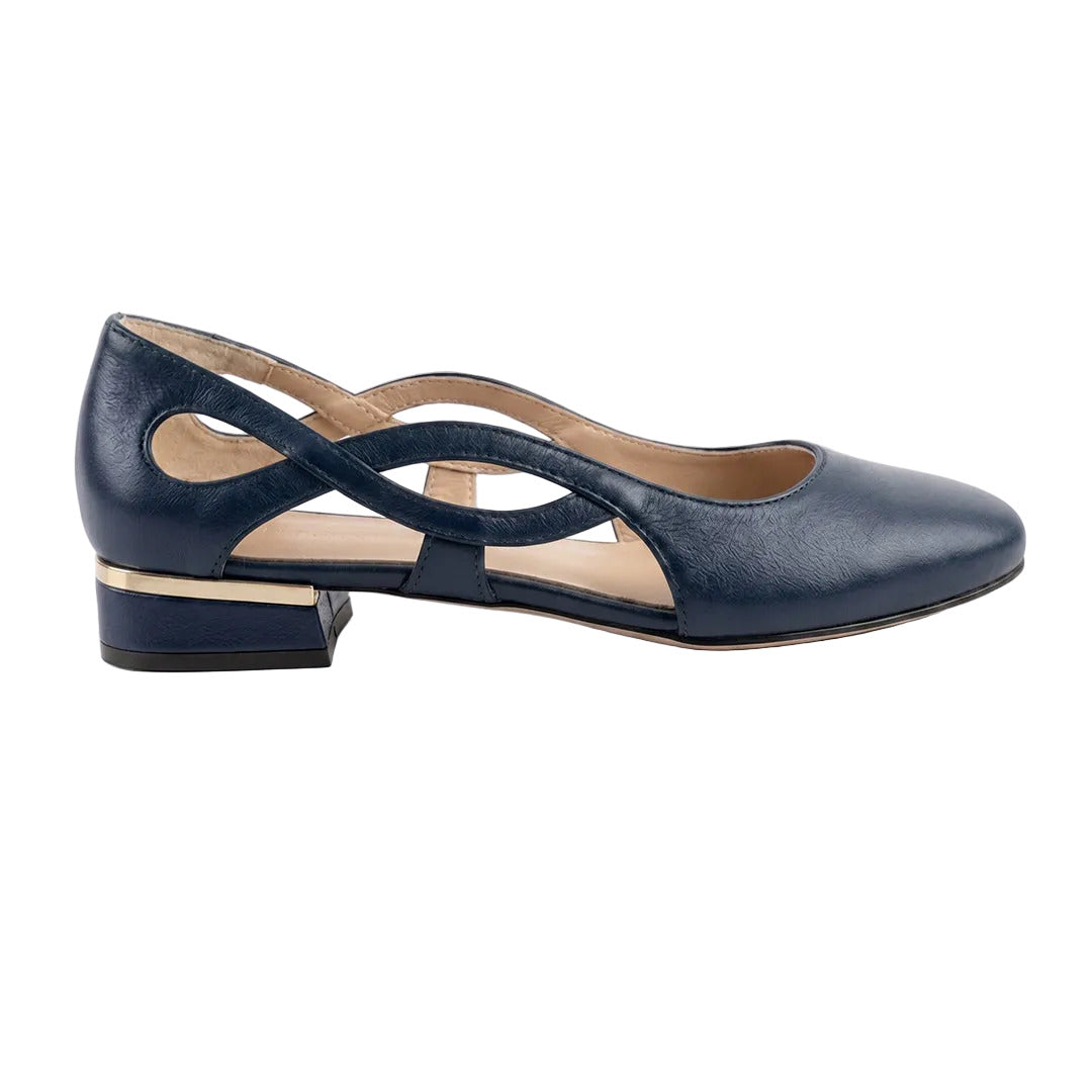 A navy blue leather low-heel pump with crisscrossing straps across the instep and a block heel, shown from a side profile on a white background.
