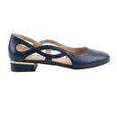 A navy blue leather low-heel pump with crisscrossing straps across the instep and a block heel, shown from a side profile on a white background.
