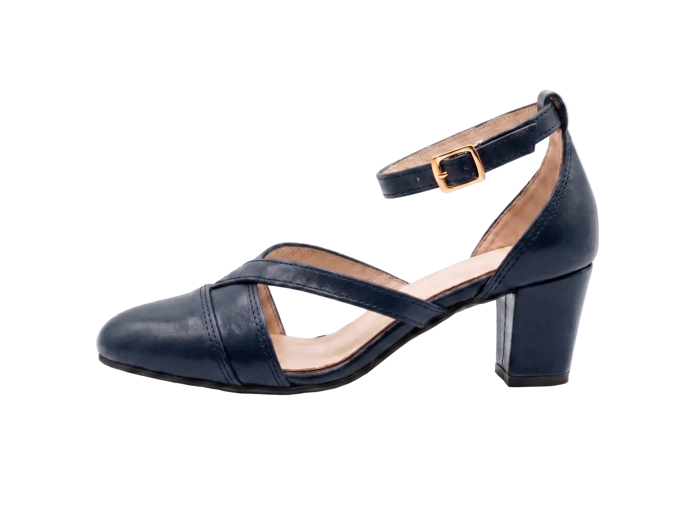 A single black leather block-heel sandal with a low-cut toe, crisscross straps, and an ankle strap with a gold buckle, shown in profile against a white background.