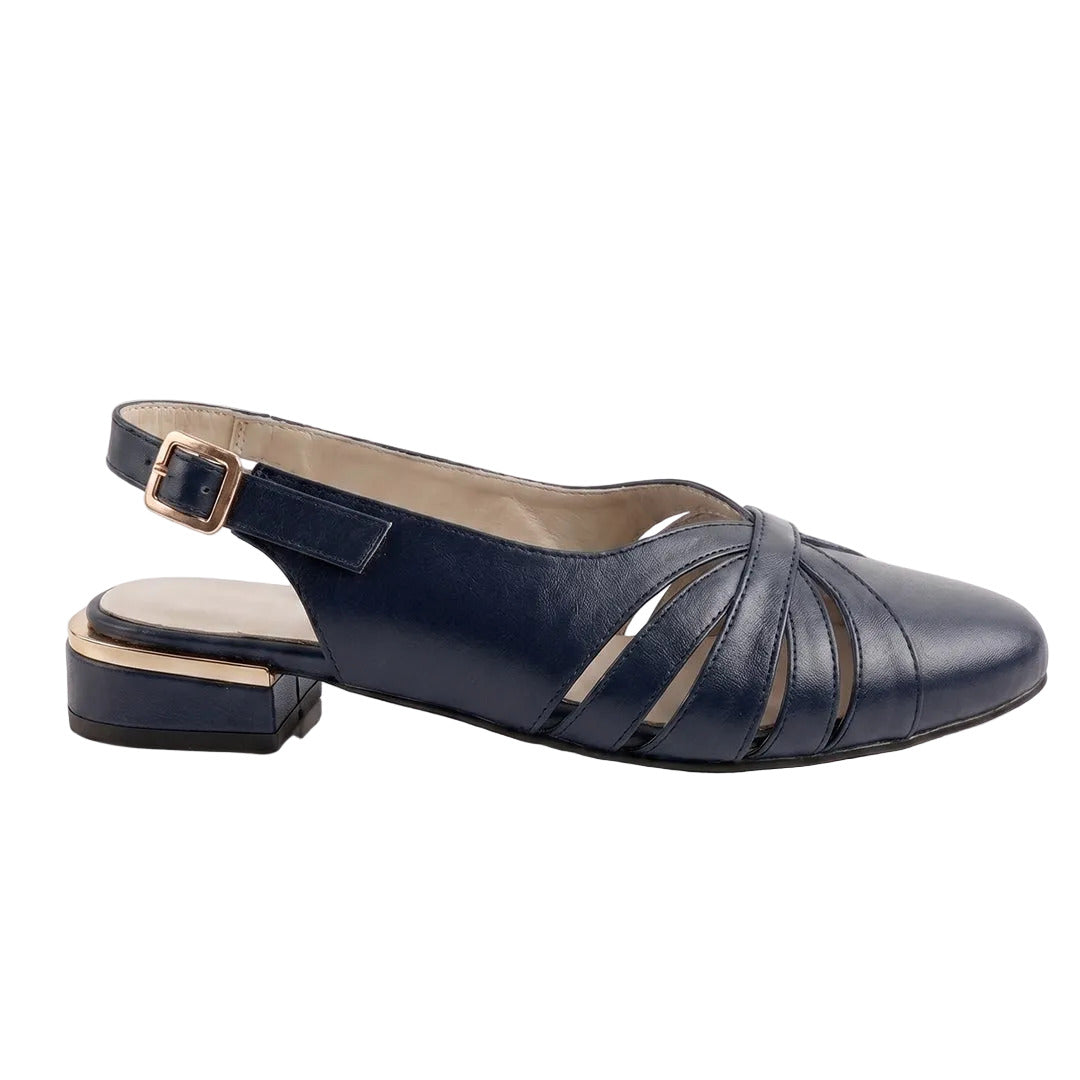 Gold open-toe shoe with a block heel on a white background