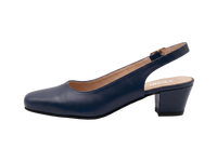 A single navy blue leather slingback pump with a low block heel and gold buckle, shown in profile against a clean white studio background. The brand name 'UNCLE' is visible on the tan insole.